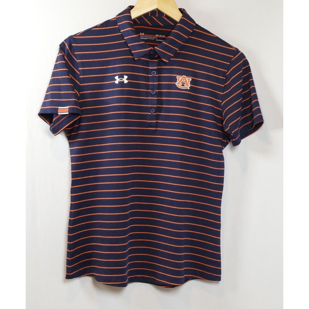 Under Armour Auburn Tigers Polo Womens M Navy Orange Striped HeatGear